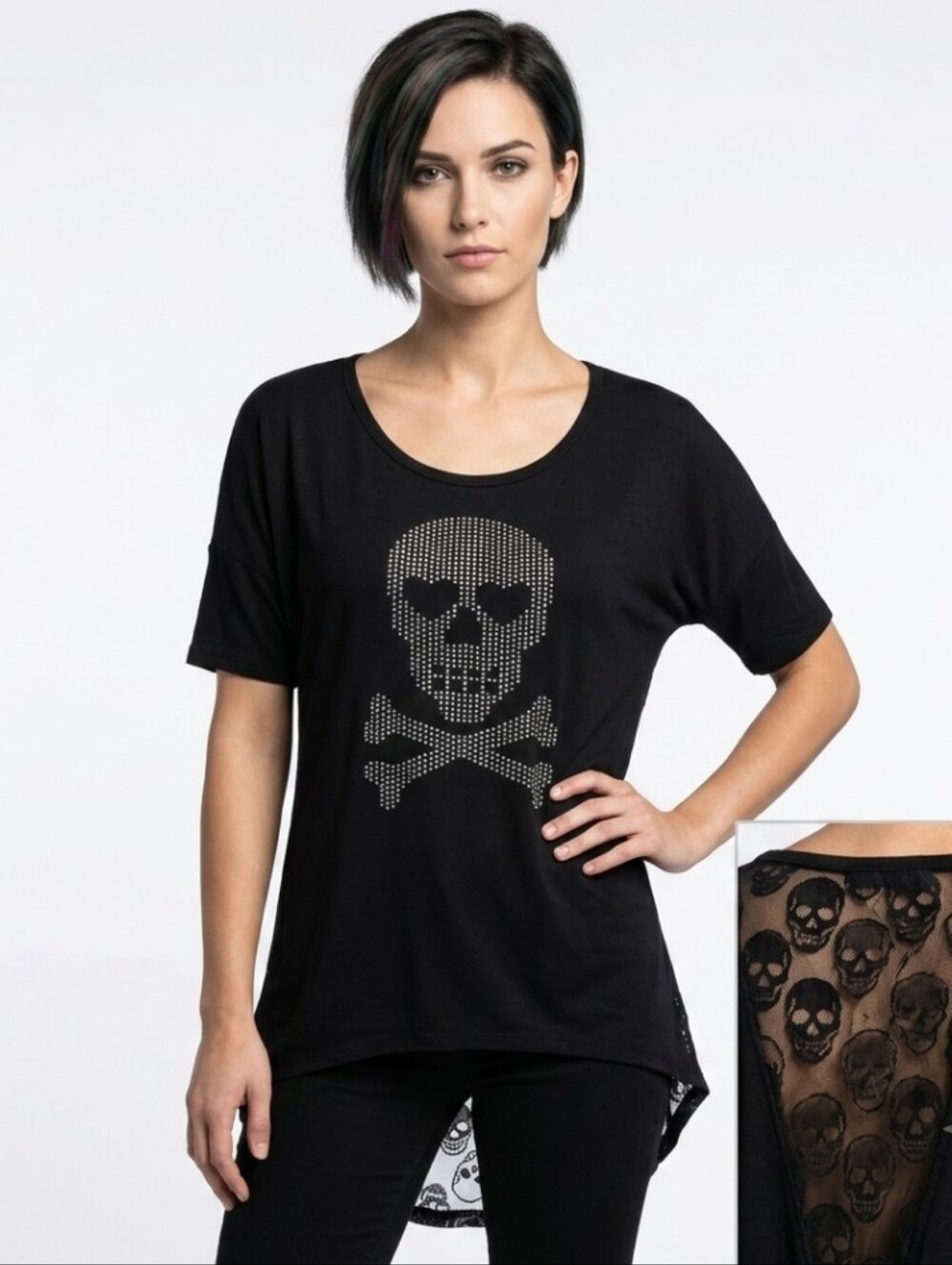 Rocker Girl Studded skull and crossbones hi-lo burnout top